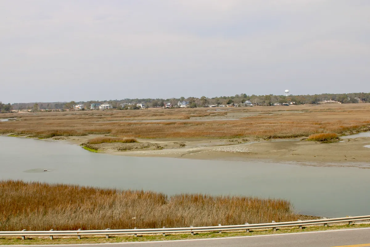 A sweeping view of the tranquil marshland and winding waterway, with distant houses and a water tower on the horizon. The scene exudes a serene coastal atmosphere, reflecting the beauty of the natural surroundings and the allure of local exploration.